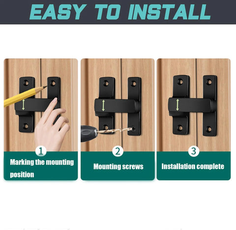 Step-by-step installation of 90/180 Degree Barn Door Lock With Small Flip Gate Latches For Privacy on wooden door.