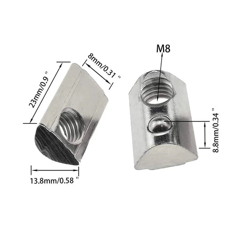 Two M8 Roll In T Slot Nuts For 4040 Aluminum Extrusion, nickel plated, with measurements shown, ideal for 3D printer frames.