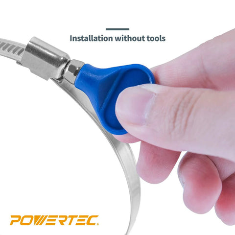 POWERTEC 1-1/2 in adjustable stainless steel hose clamp with blue thumb-screw grip for dust collection.