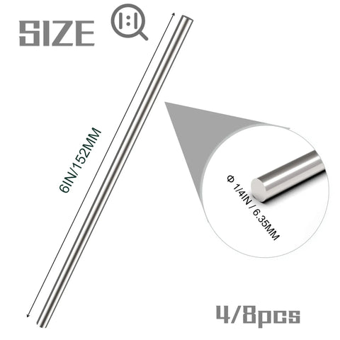 Four Pack Of 304 Stainless Steel Round Rods In One Quarter Inch Diameter By Six Inch Length Ideal For DIY Metalworking Welding Crafting Machining And Construction Projects, showing size dimensions