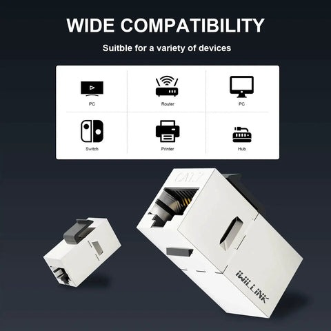 10Gbps Cat7 Shielded RJ45 Keystone Coupler Pack showing wide compatibility with various devices like PC, router, printer.