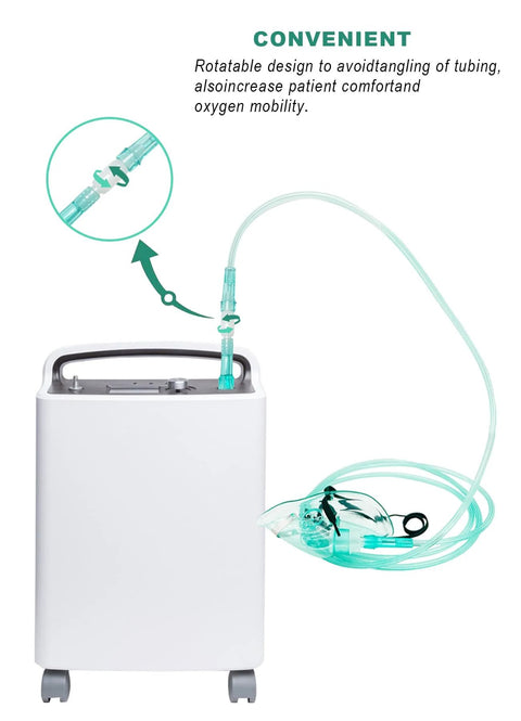 Oxygen tubing swivel connectors with 360-degree rotation; turquoise tubing and mask on portable oxygen concentrator.
