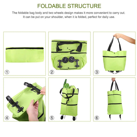 6-step folding process of 2 In 1 Foldable Shopping Cart With Wheels And Waterproof Tote, showing compact storage design and portable use.