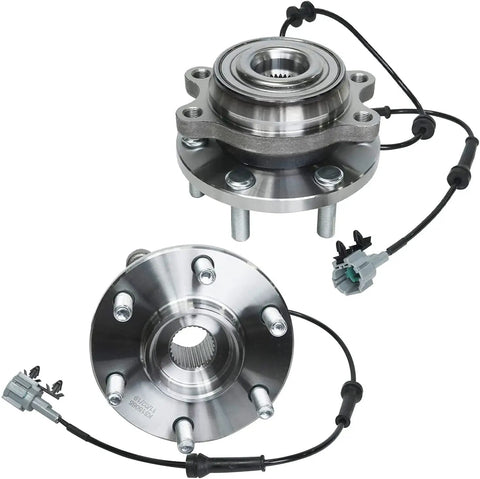 4WD Wheel Bearing Hub Assembly Set For Nissan Frontier And Pathfinder, 6 Lug With ABS, Front And Rear Hubs, Fits 2005 To 2019 Frontier And 2005 To 2012 Pathfinder 4x4 Models, Includes Replacement Part Numbers 515065 541003, Beefed Up 4x4 Upgrade showing front and rear hubs with ABS wiring