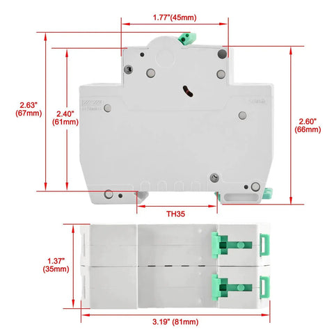 Dimensions of DC Miniature Circuit Breaker 2-Pole 40 Amp Non-Polarized Type B 12V-110V DC MCB with 6kA Breaking Capacity.