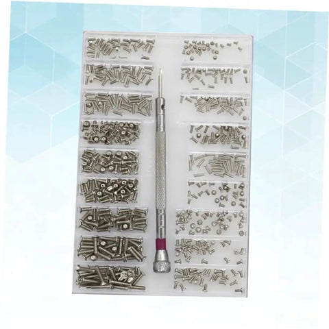 Top view of Miniature Electronics Screw Kit For Repairs with assorted tiny screws and tools in organized case for glasses and gadgets.