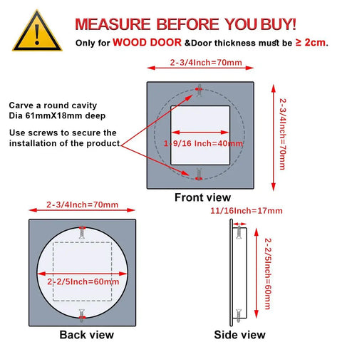 Diagram showing measurements for 4 Pack Two And Three Quarters Inch Square Recessed Sliding Closet Door Finger Pulls In Black Stainless Steel Flush Handles For Pocket Doors Bypass Barn Doors And Bi Fold Closets With Hidden Screws For Wood Doors.