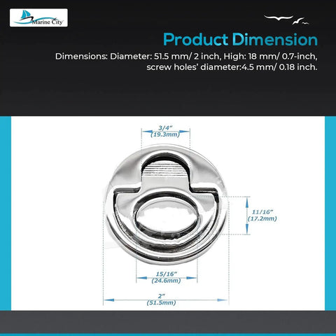 Front view of Marine City round spring-loaded flush lifting ring, 2-inch diameter, 316-grade stainless steel with dimension diagram.
