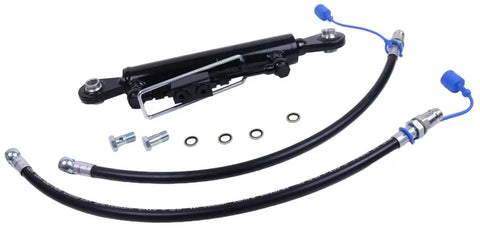 Heavy Duty Hydraulic Top Link Cat One To One With Locking Block For Tractors And Excavators Extended Range From Eighteen To Twenty Six Inches Bore From About One Point Nine Six To Two Point Four Eight Inches Includes Two Hoses And Two Way Check Valve displayed with accessories