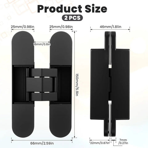 Invisible Hidden Door Hinge Set 6 Inch Concealed Hinges For Seamless Doors Bookshelves And Feature Walls 180 Degree Swing Zinc Alloy Black