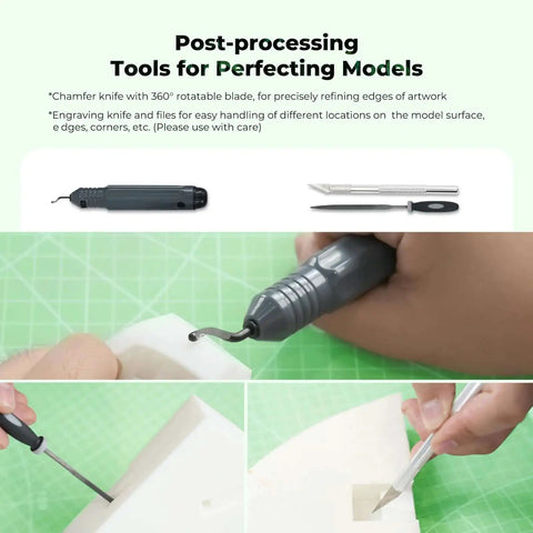 All In One Must Have 74 Piece 3D Printer Tool Kit For All FDM Printers With Nozzle Cleaning Tools Filament Cutter Scrapers Wrenches Screwdrivers And Finishing Gear For Quick Assembly Removal And Maintenance Creality showing post-processing chamfer knife engraving tools