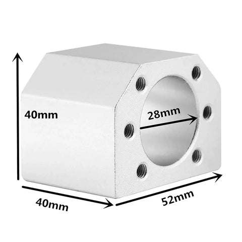 Aluminum nut housing for 250mm Anti Backlash Ball Screw Kit 16mm Diameter With 5mm Lead, showing dimensions 40mm x 52mm x 28mm