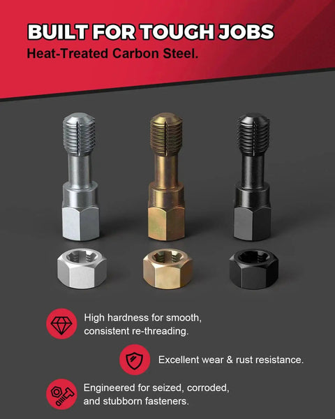 Three colored bolts and nuts on display from Ultimate Heavy Duty Thread Repair Kit for rethread damaged threads on bolts nuts and holes.