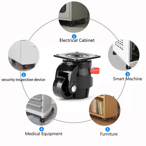 Heavy Duty Leveling Casters For Industrial Machines With Upgraded Ratchet Arm Design Retractable castor for varied equipment use.
