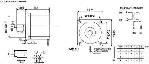 Technical drawing of Nema 34 Stepper Motor For CNC Router And Mill With Beefy 8.5Nm Holding Torque 6A Current 118mm Length Black Finish