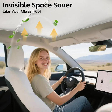 Tesla Model Y Sunshade Roof Double Layer Glass UV Blocking Easy Install shown in use on car roof interior view
