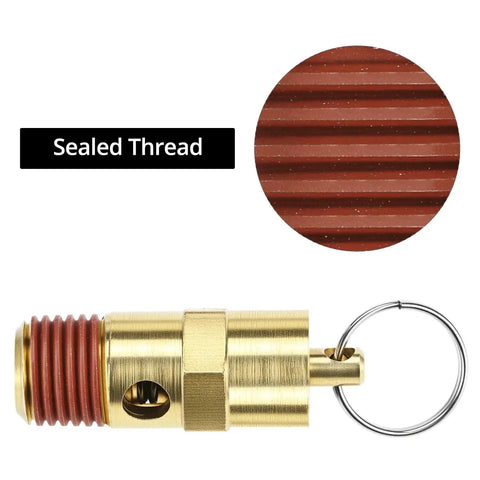 Brass Pressure Relief Valve Set For Air Compressors - 2 Pack, 1/4 Inch NPT Threaded, close-up of sealed thread