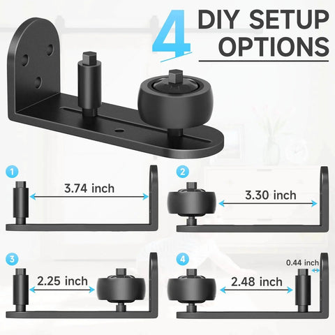 Sliding Barn Door Floor Guide with Adjustable Rubber Rollers, flush flat bottom, round edge design, 4 setup options display