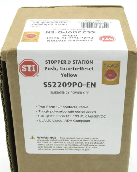Stopper Station Push Button Turn-To-Reset With Yellow LED Indicator label on packaging for emergency power off control