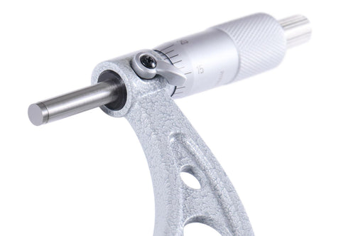 Close-up of Ultra Precision Six Piece Outside Micrometer Set With Dial Bore Gauge Kit, featuring a silver hardened spindle and a measuring scale.