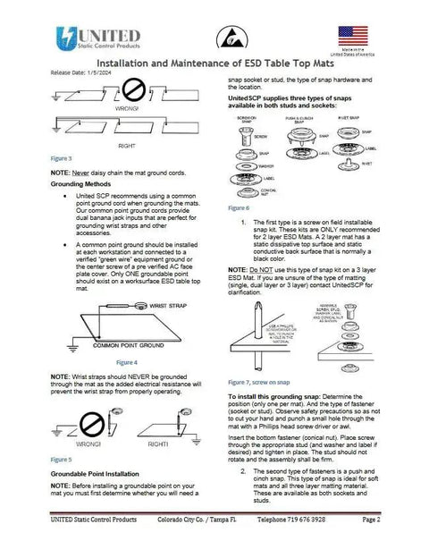 Installation manual for Certified ESD Mat Kit With Ground Cord And Wrist Strap Plus Certification Included For Electronics Assembly, Pro Grade Military Static Control, Customizable Matting That Can Be Cut To Fit Without Losing Performance, Made In The USA.