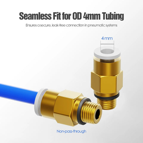 Gold PC4-M6 Bowden PTFE tube connector; push-to-connect fitting for 4mm tubing with blue tube