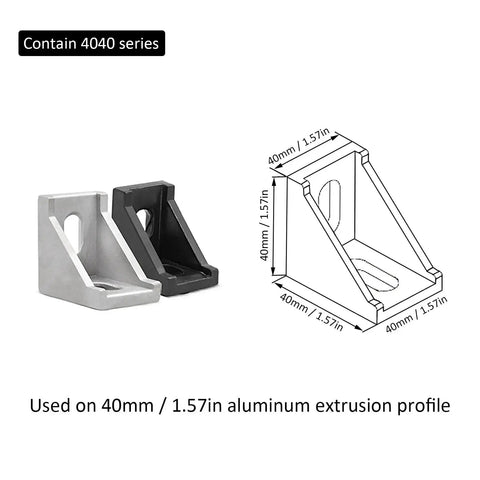 40 Series Aluminum Extrusion Connectors Kit With 4040 Corner Pieces shown with dimensions and two color options