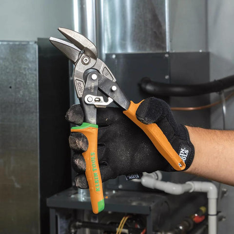 Right Cutting Offset Tin Snips For Sheet Metal With Forged Heat Treated Blades And Spring Action Lock held by gloved hand