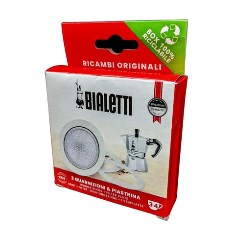 Bialetti spare parts kit with 3 gaskets and a plate for 3/4 cup Moka pots, red box