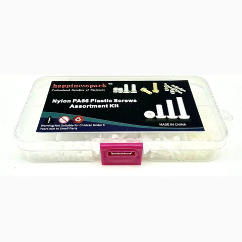 All In One Nylon PA66 White Metric Phillips Pan Head Screws Set 500Pcs M2 To M2.6 With Plastic Storage Box For Electronics Repair DIY Assorted Hardware Kit in a clear plastic box with a pink latch.