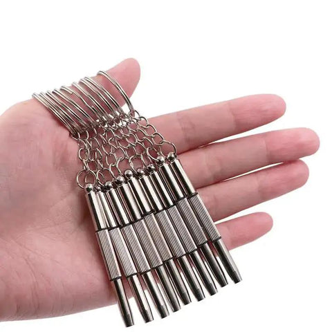 Hand holding 12 Pack Eyeglass Screwdriver Keychain Set Mini 3 In 1 Flat Phillips Hex Drivers