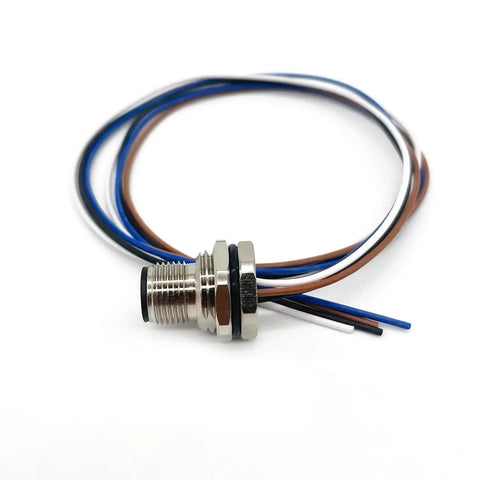 Rugged M12 4-Pin A-Coded Male Connector Cable With Front Panel Mount Unshielded Straight Plug, shown with wires, IP67 rated