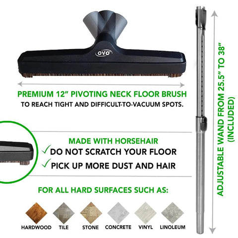 OVO central vacuum kit: 12-inch pivoting neck floor brush with horsehair, adjustable wand, 40 ft hose.