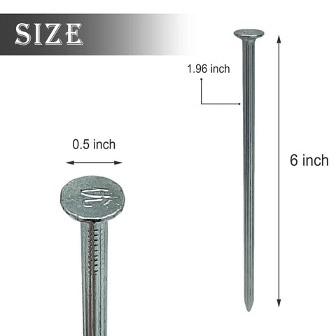 Heavy Duty 6 Inch Metal Nails 144 Pack Landscape Anchoring Spikes For Paver Edging Weed Barriers Turf Tent Stakes And More Ideal For Yard Construction Carpentry Projects displayed with size dimensions