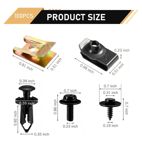 All In One Car Fastener Kit 100 Pcs Grab And Go With Body Bolts Nuts U Clips Self Tapping Screws Snap Nuts 5 Types Anti Rust Universal For Engine Under Cover Fender Bumper Splash Guards Black product size measurements.