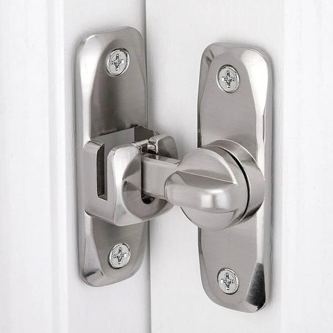 Two Pack Silvery 90 And 180 Degree Barn Door Lock Zinc Alloy Right Angle Door Latch installed on white door
