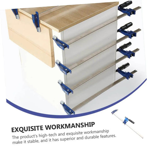 Heavy Duty F Clamp Woodworking Clip Fixture With Quick Release Trigger And Ergonomic Handle For Easy One Hand Operation Pro Grade Labor Saving Clamp Tool securing a wood cabinet in multiple positions.