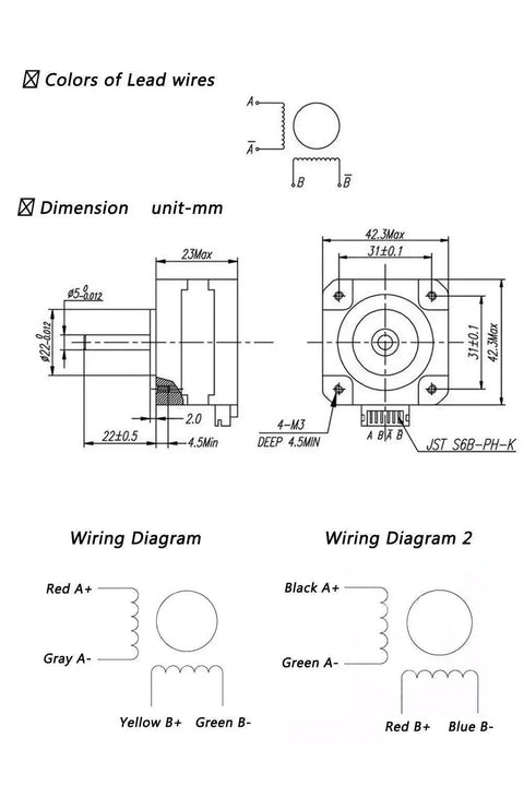 Technical drawing of Nema 17 Stepper Motor For Titan Extruder Plug And Play 3D Printer 42 By 42 By 23mm Body 1.8 Degree Step Angle.