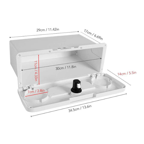 Front-open view of white Xiuganpo marine glove box for boats with two non-slip cup holders and concealed button lock