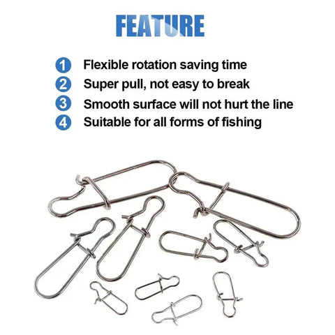 Pro Grade Stainless Steel Duo Lock Snaps With Smooth Swivels And Slide Rings For Fishing Lure Connectors, Tough Freshwater And Saltwater Gear, Assortment Kit, 40 To 220 Lb Test, shown with features.