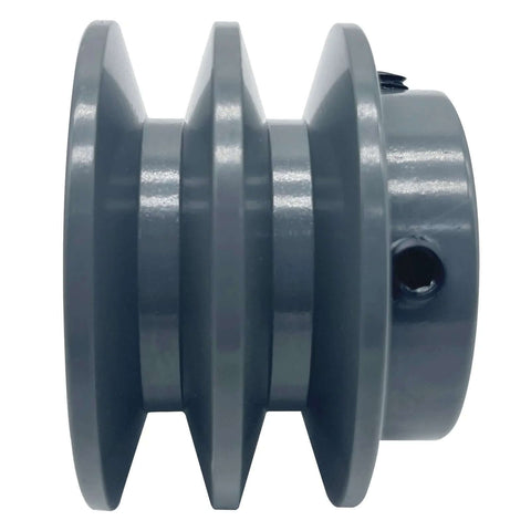 Side view of 2.55 Inch Double Groove V Belt Pulley with Three Quarter Inch Bore Cast Iron Construction for motors and equipment