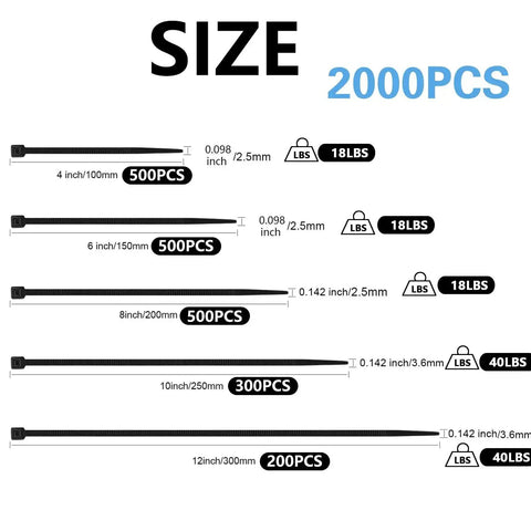 Ultra Tough 2000 Pack Zip Ties Assorted Sizes 4 6 8 10 12 Inch Self Locking Nylon Cable Ties size and weight capacity chart