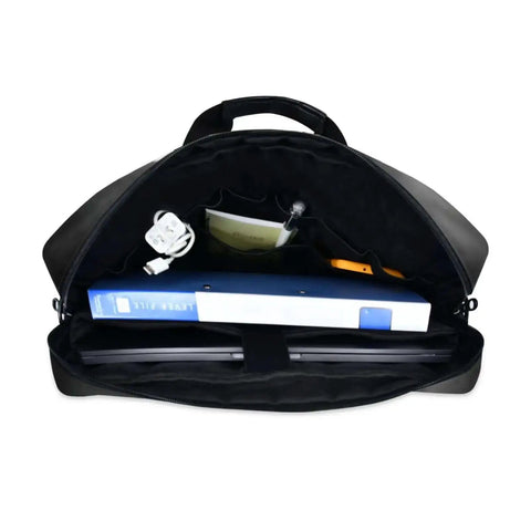 Interior view of Gray Cat With Sunglasses Laptop Bag showcasing organized compartments for 14 to 16 inch notebooks and accessories.