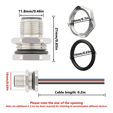 Diagram of M12 4 Pin A Coded Male Aviation Connector Cable 0.7 Ft Waterproof Industrial Bulkhead Panel Mount with dimensions.