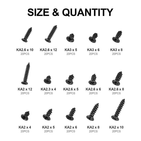 300 Piece Black Laptop Screw Replacement Kit With Countersunk Self Tapping Screws KA2 KA2.6 KA3 for notebook computers, size chart