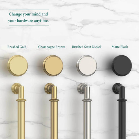 Brushed gold, champagne bronze, brushed satin nickel, matte black cabinet pulls on marble background