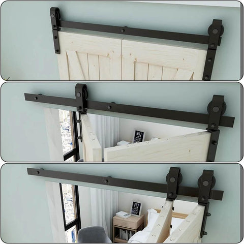 4ft Bi Folding Sliding Barn Door Hardware Kit For Two Doors showing track system and installation on interior doors