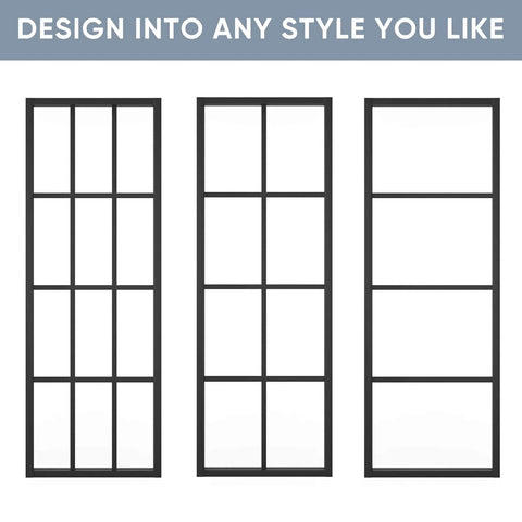 Three glass panels of Double Barn Door Set 60x84 Inch With 13 Foot Top Mounted Hardware Kit Includes Two 30x84 Clear Tempered Glass Panels In Black Aluminum Frame
