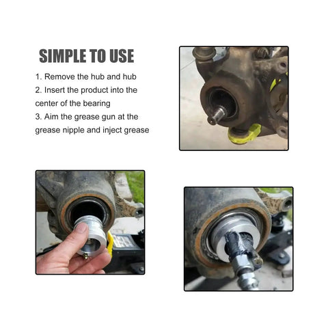 4 Piece Wheel Bearing Greaser Tools Set Compatible With Ranger 800 900 XP1000 And UTVs And ATVs Polaris Can Am Maverick X3 Bearings With Inner Diameters 35mm 39mm 40mm And 44mm Crafted From 6063 Aluminum Alloy For Durable Performance And Easy Maintenance, shown in use on bearings.