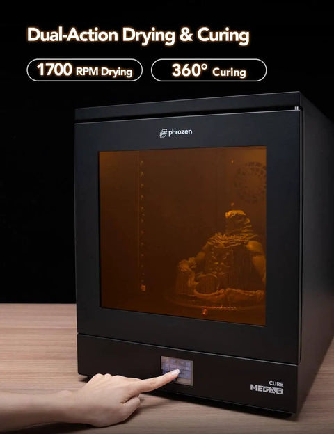 Game Changer 360 Degree UV Curing Station with clear enclosure and turntable for 3D prints, 405nm post lamp, front view with control panel